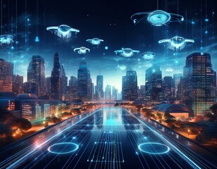 Futuristische Stadt mit KI-&Uuml;berwachungssystem