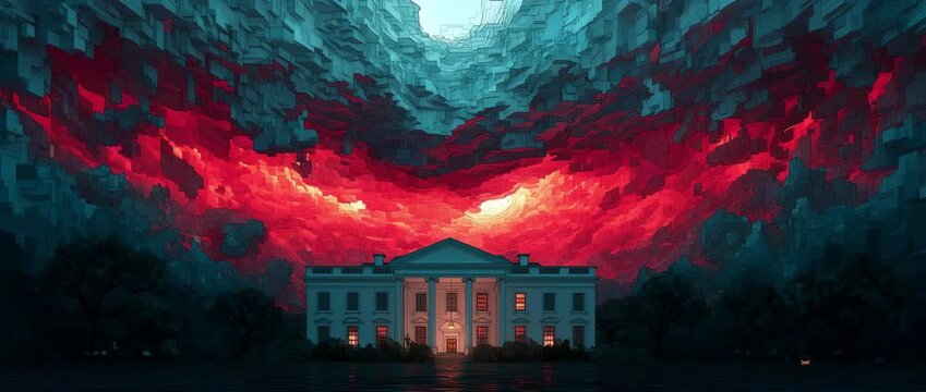 Digital painting of the White House under swirling red and blue storm clouds forming a tunnel-like vortex toward a glowing center
