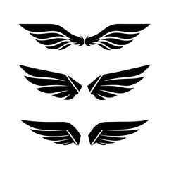 Black wings icon set. Wings icons. Collection badges of wings. Vector illustration. Set of wings icons. Collection wings badges. Vector illustration. Silhouette Vector Black. with white background
