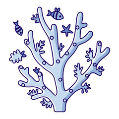 Obraz premium cartoon coral reef illustration with fish and starfish in blue tones, stylized underwater ecosystem, flat vector design on white background