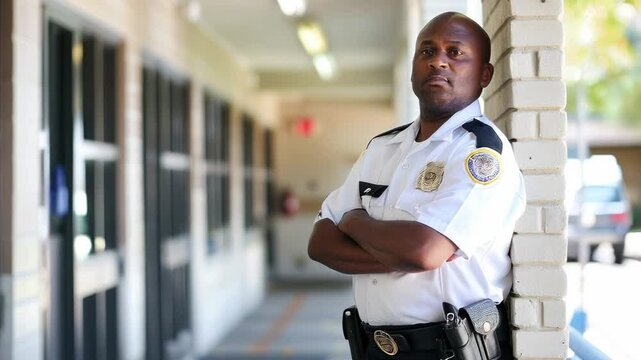Security guard officer works at school, African American man wearing uniform inside building. Concept of secure education, safety, university, college, service.