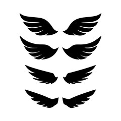 Black wings icon set. Wings icons. Collection badges of wings. Vector illustration.Set of wings icons. Collection wings badges. Vector illustration.Silhouette Vector Black. with white background
