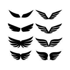 Obraz premium Black wings icon set. Wings icons. Collection badges of wings. Vector illustration. Set of wings icons. Collection wings badges. Vector illustration. Silhouette Vector Black. with white background 