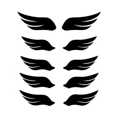 Black wings icon set. Wings icons. Collection badges of wings. Vector illustration. Set of wings icons. Collection wings badges. Vector illustration. Silhouette Vector Black. with white background
