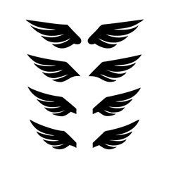 Black wings icon set. Wings icons. Collection badges of wings. Vector illustration.Set of wings icons. Collection wings badges. Vector illustration.Silhouette Vector Black. with white background

