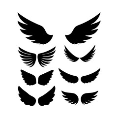 Black wings icon set. Wings icons. Collection badges of wings. Vector illustration. Set of wings icons. Collection wings badges. Vector illustration. Silhouette Vector Black. with white background
