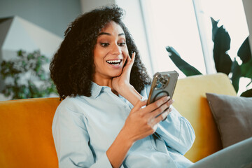 Smiling Woman Engaged With Mobile Phone While Relaxing on Couch in a Comfortable and Bright Living...