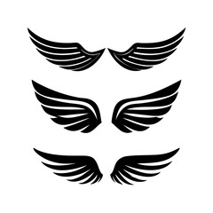 Black wings icon set. Wings icons. Collection badges of wings. Vector illustration.Set of wings icons. Collection wings badges. Vector illustration.Silhouette Vector Black. with white background
