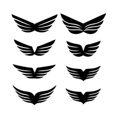 Black wings icon set. Wings icons. Collection badges of wings. Vector illustration. Set of wings icons. Collection wings badges. Vector illustration. Silhouette Vector Black. with white background
