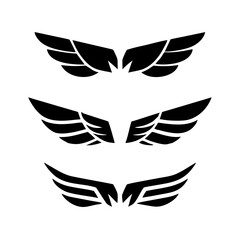 Black wings icon set. Wings icons. Collection badges of wings. Vector illustration. Set of wings icons. Collection wings badges. Vector illustration. Silhouette Vector Black. with white background
