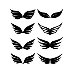 Black wings icon set. Wings icons. Collection badges of wings. Vector illustration. Set of wings icons. Collection wings badges. Vector illustration. Silhouette Vector Black. with white background
