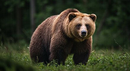 Large Brown Bear Standing in Green Grass Looking at Camera