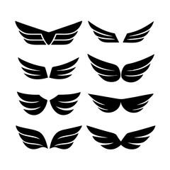 Naklejka premium Black wings icon set. Wings icons. Collection badges of wings. Vector illustration.Set of wings icons. Collection wings badges. Vector illustration.Silhouette Vector Black. with white background 