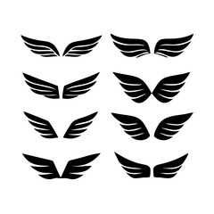 Naklejka premium Black wings icon set. Wings icons. Collection badges of wings. Vector illustration.Set of wings icons. Collection wings badges. Vector illustration.Silhouette Vector Black. with white background 