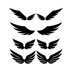 Black wings icon set. Wings icons. Collection badges of wings. Vector illustration.Set of wings icons. Collection wings badges. Vector illustration.Silhouette Vector Black. with white background
