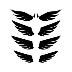 Black wings icon set. Wings icons. Collection badges of wings. Vector illustration.Set of wings icons. Collection wings badges. Vector illustration.Silhouette Vector Black. with white background
