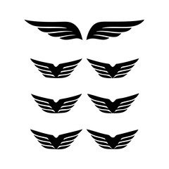 Black wings icon set. Wings icons. Collection badges of wings. Vector illustration.Set of wings icons. Collection wings badges. Vector illustration.Silhouette Vector Black. with white background
