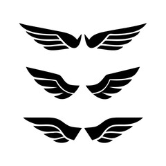 Black wings icon set. Wings icons. Collection badges of wings. Vector illustration.Set of wings icons. Collection wings badges. Vector illustration.Silhouette Vector Black. with white background
