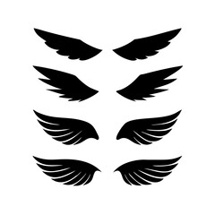 Black wings icon set. Wings icons. Collection badges of wings. Vector illustration.Set of wings icons. Collection wings badges. Vector illustration.Silhouette Vector Black. with white background
