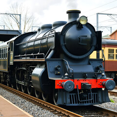 Obraz premium A black antique steam locomotive. The mainline passenger steam locomotive of the last century. Old railway transport. Transportation by rail.