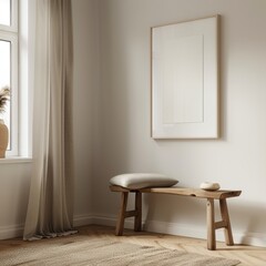 A wooden bench with a pillow on it is in front of a white wall. A vase is on the bench
