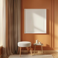 A white framed picture is on a wall in a room. The room has a tan wall and a tan curtain. There is a white stool in front of the picture