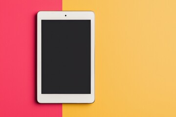 White tablet displaying black screen on colorful background