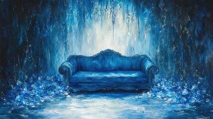 Surreal blue sofa painting dreamlike fantasy art