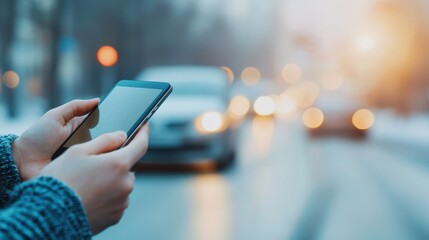 Woman booking car sharing service using smartphone app in city