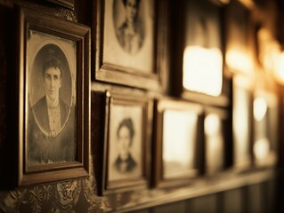 Vintage photographs in ornate frames adorn a wall.