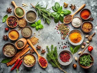 Aerial View of Herbs & Spices on Light Stone Background - Culinary Stock Photo