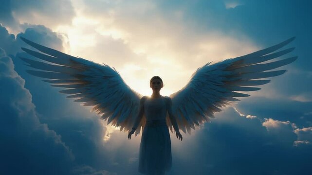 Majestic animation of an angel with large wings spread wide against a dramatic cloudy sky. Ideal for spiritual and fantasy visuals.