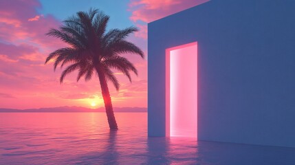 Surreal doorway in flat landscape opening to tropical palm tree and pink blue sky evoking hope alternate reality and concept of future access beyond limits,

