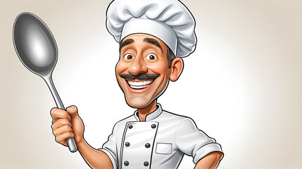 Naklejka premium Cartoon caricature of a cheerful chef holding a giant spoon