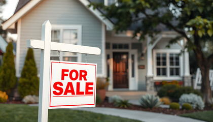 Fototapeta premium For Sale sign in front of home suitable for mock up. Real estate housing market - add your design, isometry. isolated with white highlights