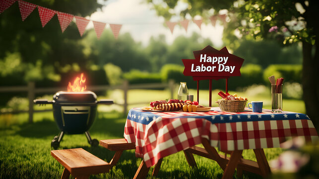Labor Day Barbecue Celebration: A festive scene of a Labor Day barbecue, complete with a grill and picnic table, set outdoors with a warm and inviting atmosphere. 