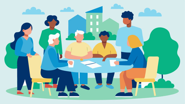 Community Meeting A group of diverse community members gathered around a table discussing plans for a new park near their homes demonstrating the public interest in enhancing urban