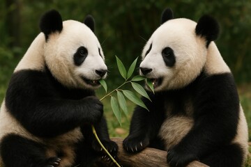 Fototapeta premium Playful pandas sharing bamboo joyfully.