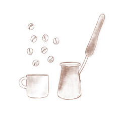 Turkish Coffee Sketch. Cezve, coffee cup and coffee beans illustration