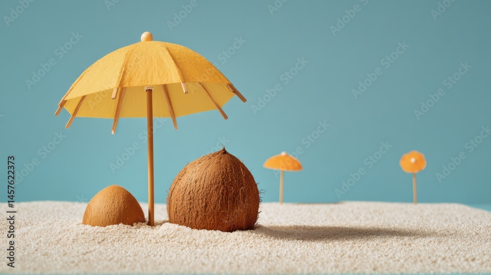 Poster creative beach scene featuring coconut fruits and a bright umbrella captures the essence of summer a