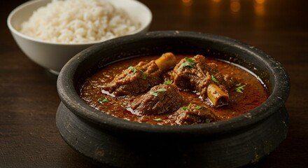Savory Goat Curry with Rice in a Rustic Bowl
