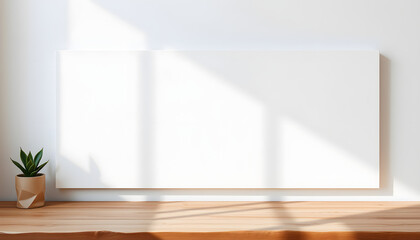 Fototapeta premium Mockup, horisontal blank canvas on wooden table, white wall with shadows, flat papercut style. isolated with white highlights