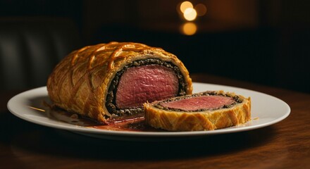 Beef Wellington Cut Open Showing Rare Center and Puff Pastry
