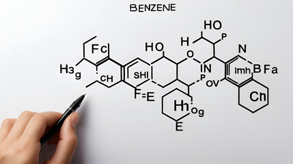 hand with pen drawing the chemical formula of benzene