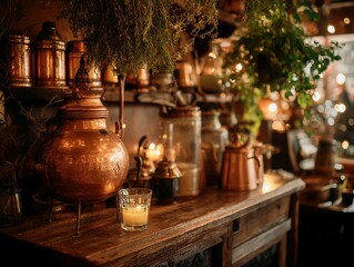 Warm copper and wooden interior with herbs and candles.