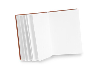 Flying open book with blank pages on white background