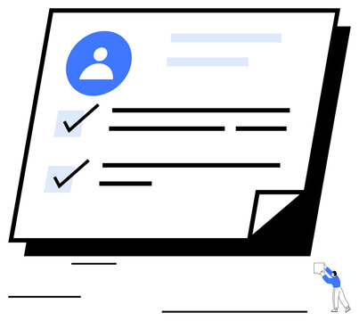 Profile icon with checkmarks on a document representing progress and tasks. Includes miniature worker with clipboard. Ideal for productivity, organization, profile creation, task management, goal