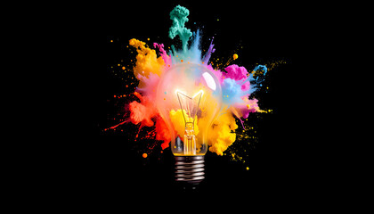Bright idea exploding lightbulb with colorful powder on black background, photo. isolated with white highlights