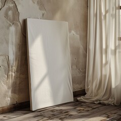 A white canvas is sitting on a wooden floor. The canvas is in front of a wall and a window