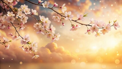 Soft, ethereal light falls upon a serene Japanese-style background with delicate cherry blossoms and wispy golden clouds drifting lazily across the sky , cherry blossoms, peaceful atmosphere